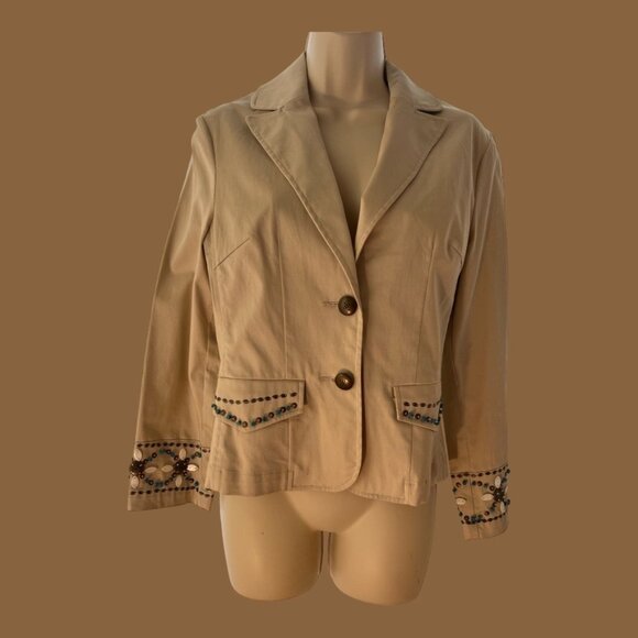 Willi Smith Khaki Jacket with real Beadwork not plastic,Cuffs and Pockets Size 6 - Picture 1 of 7